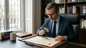 Persona europea examinando la autenticidad de un título universitario con una lupa