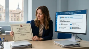 Persona europea verificando un título universitario en un registro oficial en pantalla